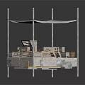 Outdoor Display Booth With White Frame Blue Striped Canopy Shelves And Decorative Items