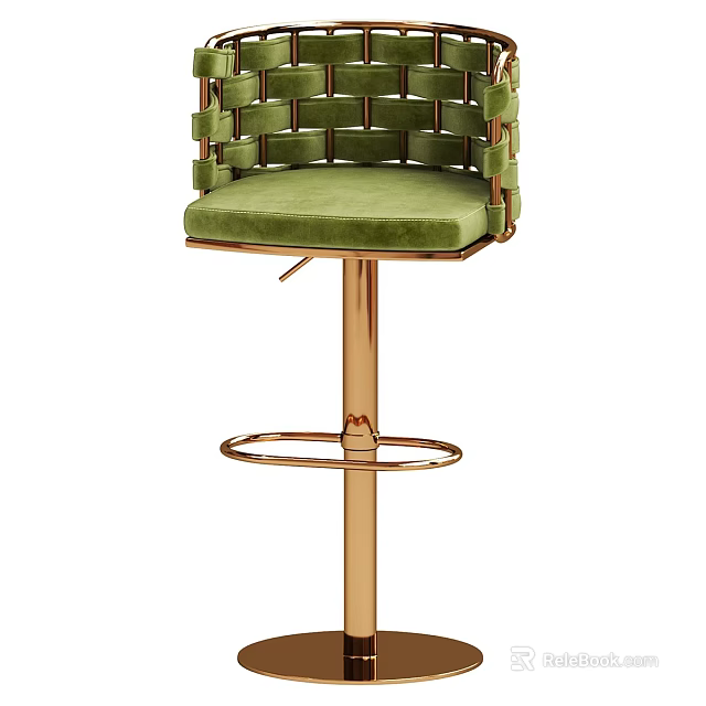 Elegant Green Velvet Bar Stool With Woven Backrest And Golden Metal Frame 3d model 