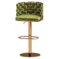 Elegant Green Velvet Bar Stool With Woven Backrest And Golden Metal Frame