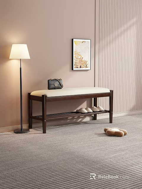 Wooden Shoe Bench With Upholstered Seat And Shoe Shelf Near Floor Lamp And Wall Art 3d model 
