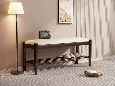 Wooden Shoe Bench With Upholstered Seat And Shoe Shelf Near Floor Lamp And Wall Art 3d model