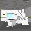 Medical Scanner Room With Large Medical Scanner White Walls Green Stripes Ceiling Lights And Examination Table