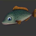 3D Cartoon Fish With Green Body Orange Fins Blue Eyes And Spots On Dark Background