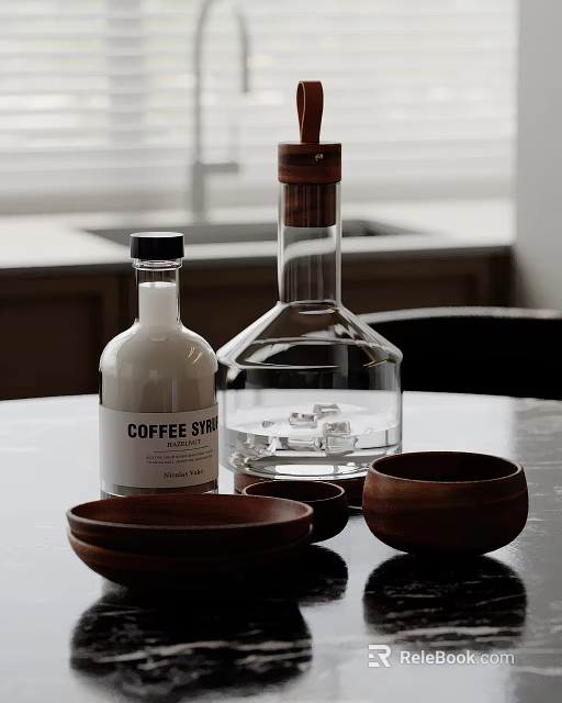 Decorative Ornament Set Featuring Wooden Bowls Glass Bottles Coffee Syrup Ice Cubes On Black Tabletop 3d model 
