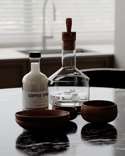 Decorative Ornament Set Featuring Wooden Bowls Glass Bottles Coffee Syrup Ice Cubes On Black Tabletop 3d model