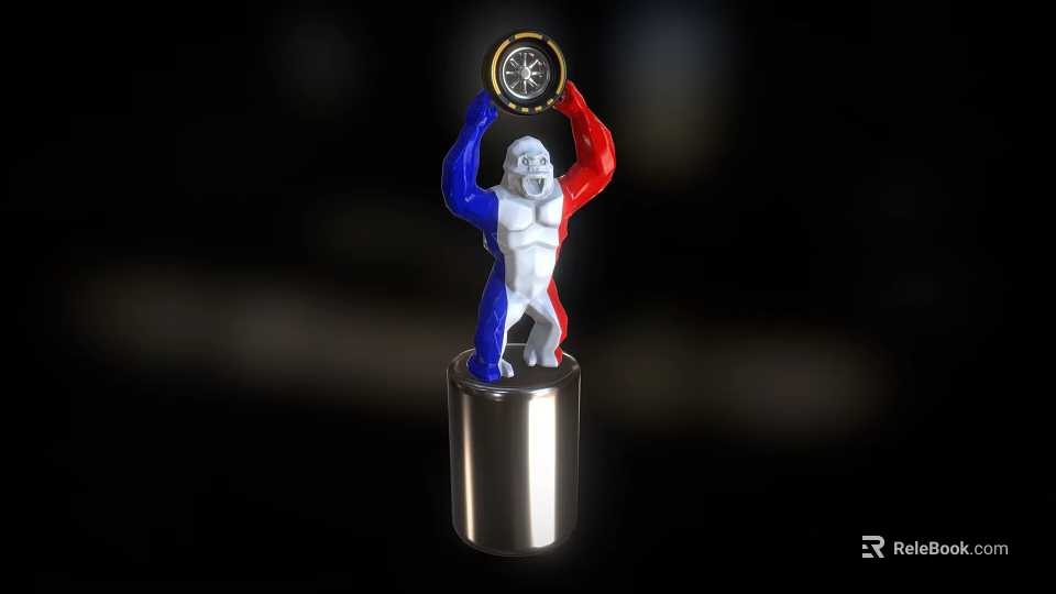 White Statue With Blue Red Arms Holding Circular Object Above Head On Silver Cylindrical Base 3d model 