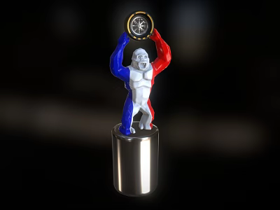 White Statue With Blue Red Arms Holding Circular Object Above Head On Silver Cylindrical Base 3d model