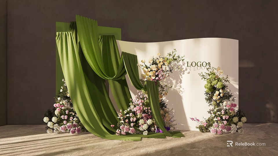 Wedding Backdrop Setup With Green Curtains And Flower Decorations On White Backdrop With LOGO 3d model 