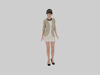 Woman in beige blazer and white dress with headband and black high heels 3d model