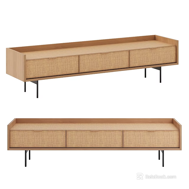 Modern Wooden Dresser With Rattan Front Drawers And Black Legs Design 3d model 