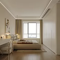 Modern Beige Bedroom Interior with Large Bed Decorative Painting Dressing Table Mirror and Wooden Floor