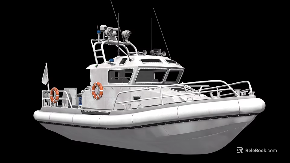 White Yacht Exterior Design Featuring Life Rings Railing Cockpit Antennas And Flag 3d model 