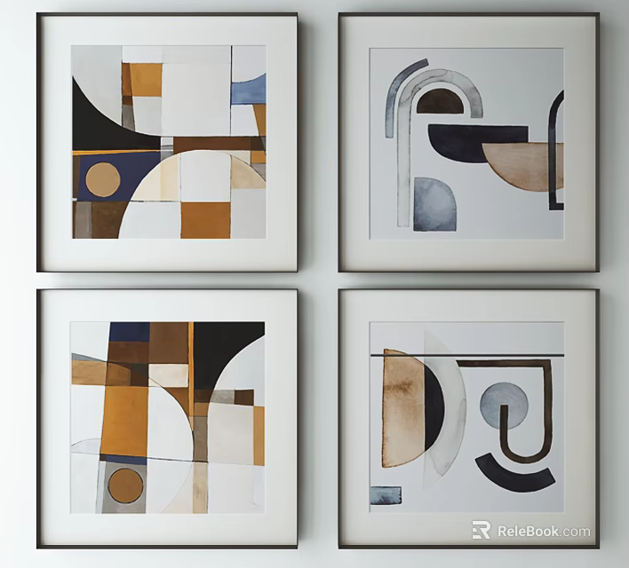 Four Framed Geometric Abstract Paintings With Beige Black White And Curved Shapes 3d model 