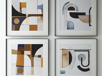 Four Framed Geometric Abstract Paintings With Beige Black White And Curved Shapes 3d model