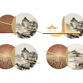 Chinese Circular Landscape Wall Decor With Split Wooden Frame Design 3d model