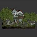 Two Story House With Red Roof Green Windows Lush Garden Trees Pathway And Small Bridge