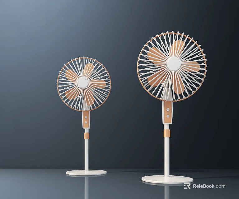 Two Modern Standing Air Cooler Fans With Wooden Blades And White Base Design 3d model 