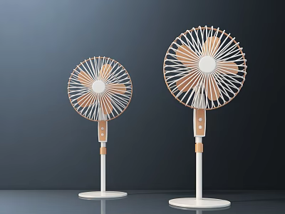 Two Modern Standing Air Cooler Fans With Wooden Blades And White Base Design 3d model