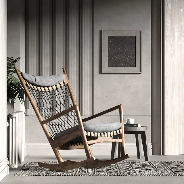 Modern Lounge Chair With Wooden Frame Woven Backrest Gray Cushion Side Table And Green Plant 3d model 