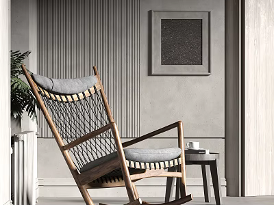 Modern Lounge Chair With Wooden Frame Woven Backrest Gray Cushion Side Table And Green Plant 3d model