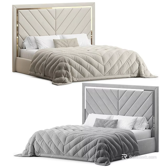 Double Bed With Chevron Pattern Headboard Beige And Light Gray Quilt And Pillows 3d model