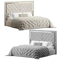 Double Bed With Chevron Pattern Headboard Beige And Light Gray Quilt And Pillows 3d model