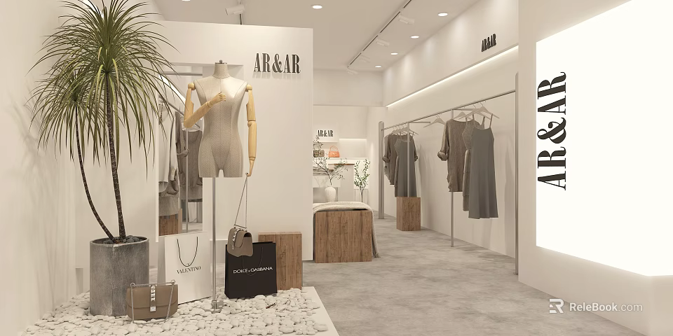 Modern Clothing Store Interior With Mannequin Hanging Clothes And Decorative Plants 3d model 