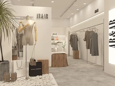 Modern Clothing Store Interior With Mannequin Hanging Clothes And Decorative Plants 3d model