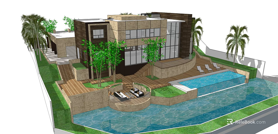 Modern Detached Villa With Swimming Pool Terrace Green Plants And Glass Facade 3d model 