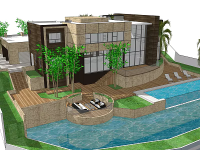 Modern Detached Villa With Swimming Pool Terrace Green Plants And Glass Facade 3d model