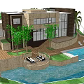 Modern Detached Villa With Swimming Pool Terrace Green Plants And Glass Facade