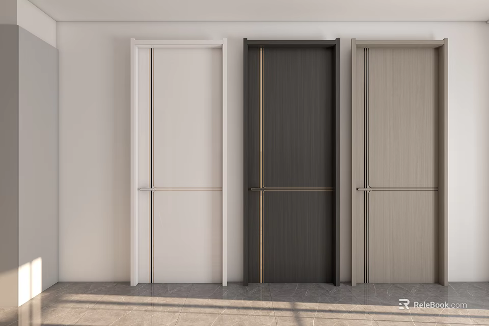 Modern Minimalist Flush Doors in Three Colors with Wooden Texture and Metal Handles 3d model 