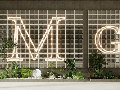 Glass Block Wall with Large Neon Letters M and G Green Plants and White Decorative Sphere 3d model