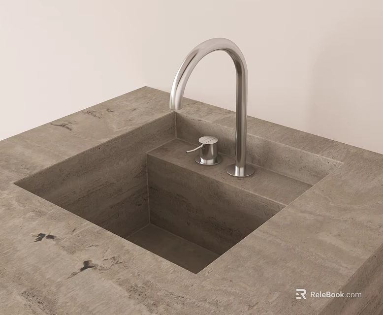 Modern Chrome Faucet Installed On Stone Sink With Gray Countertop Surface 3d model 
