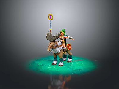 Woman Riding Moose With Staff In Green Outfit On Glowing Ground 3d model