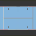 Indoor Sports Court Design With Blue Surface White Lines Red Borders Fencing And Lighting Poles