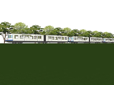 Scenic Electric Train Running Through Green Field With Tall Trees Alongside 3d model