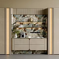 Elegant Modern Sideboard With Marble Backdrop And LED Strip Lights On Shelves