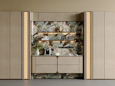 Elegant Modern Sideboard With Marble Backdrop And LED Strip Lights On Shelves 3d model