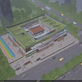 Modern School Building with Green Roof Surrounded by Trees and Rainbow Playground