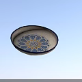 Round Ceramic Plate With Crackle Glaze And Blue Yellow Geometric Design
