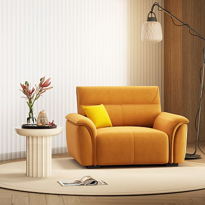 Orange Two Seater Sofa with White Round Side Table Red Pink Flowers Vase White Blinds 3d model