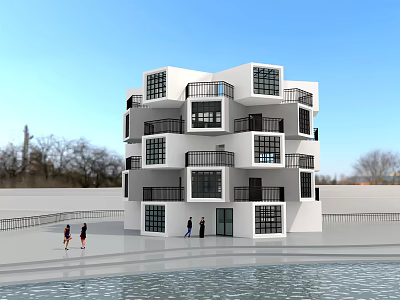 Modern Multi Storey Building With White Exterior Glass Windows Balconies And Waterfront Area People Walking 3d model