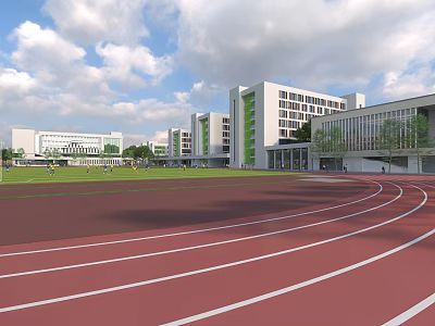 Modern School Campus Featuring Red Running Track Green Lawn White Buildings And Glass Windows 3d model