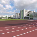 Modern School Campus Featuring Red Running Track Green Lawn White Buildings And Glass Windows