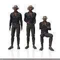 Three Stylish Men Wearing Hats Dark Jackets And Striped Pants Standing And Sitting