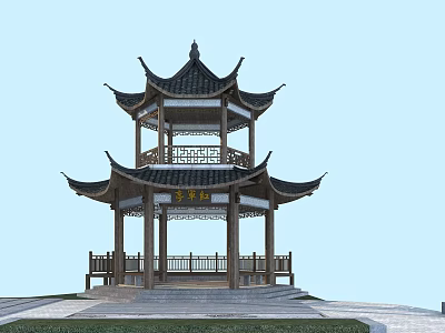 Traditional Chinese Pavilion with Tiered Eaves Wooden Structure and Inscription Board 3d model