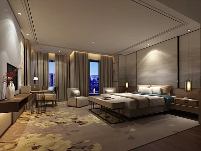 Hotel Guest Room Modern Interior With Large Windows City View Floral Carpet And Comfortable Bed 3d model