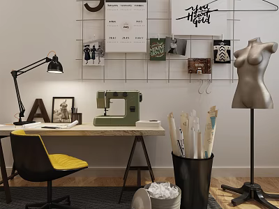 Creative Work Desk With Sewing Machine Lamp Yellow Chair Grid Wall And Mannequin 3d model
