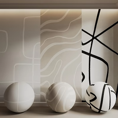 Minimalist Interior Decor With Diverse Wall Patterns And Spherical Ornaments 3d model